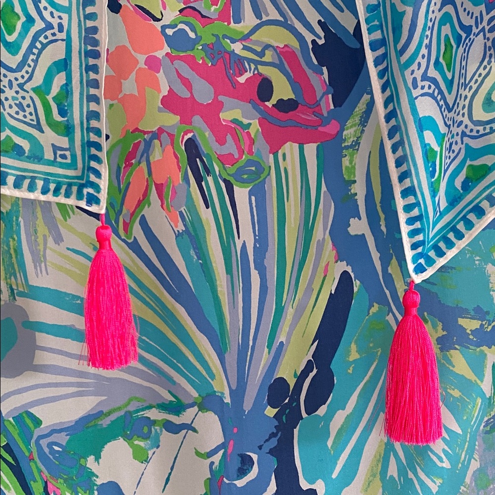 Lilly Pulitzer 💯 Silk Scarf in Teal, Aqua, Lime & Pink Tropical Print